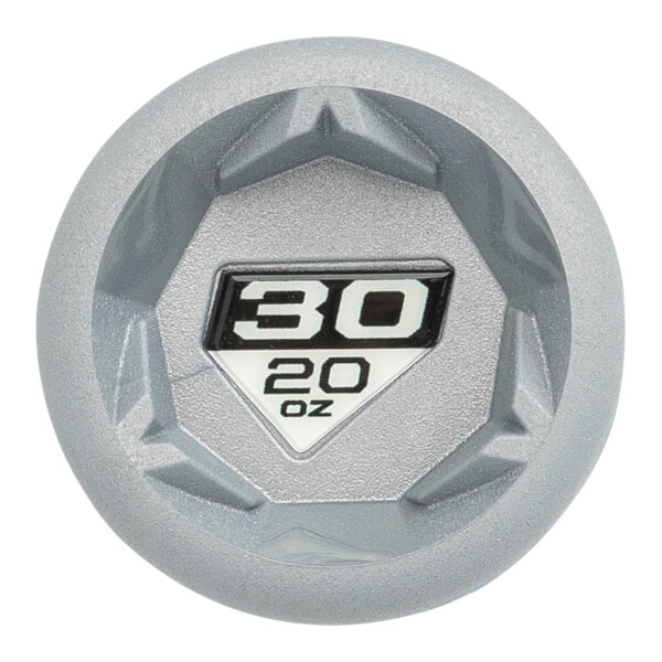 Top-down view of a silver baseball bat end cap with a hexagonal recess and a central label showing 30 20 OZ.