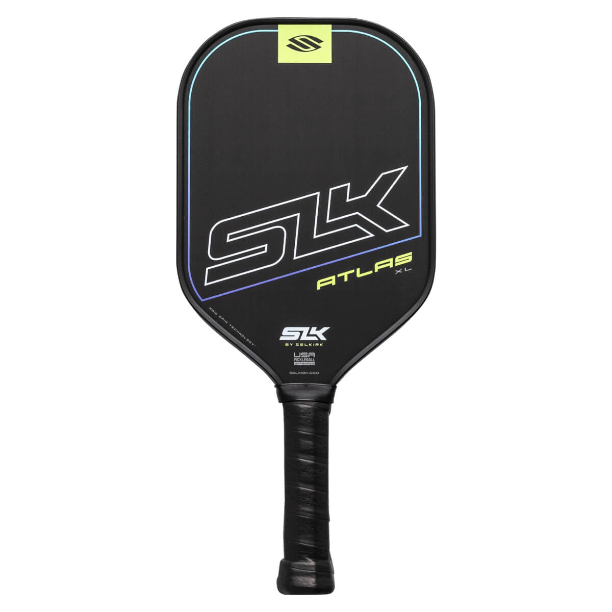 Front view of a black pickleball paddle with white and blue SLK ATLAS XL graphics and a yellow logo.
