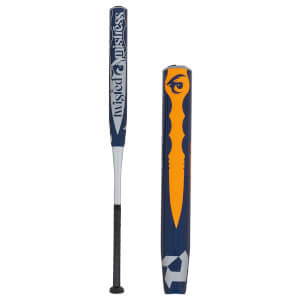 Side view of a navy and silver softball bat with twisted mistress text and an orange eye graphic.