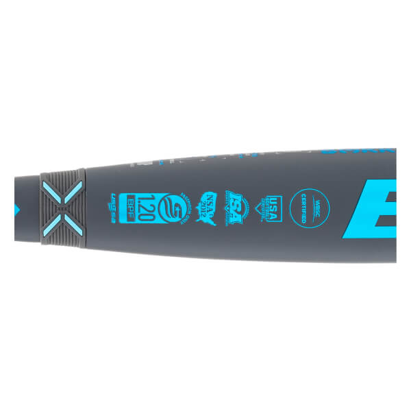 Close-up side view of a dark gray fastpitch softball bat with a blue X grip design and multiple blue certification logos.