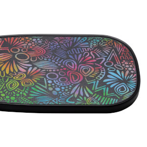 Close-up of a black pickleball paddle with a colorful abstract pattern and textured surface.