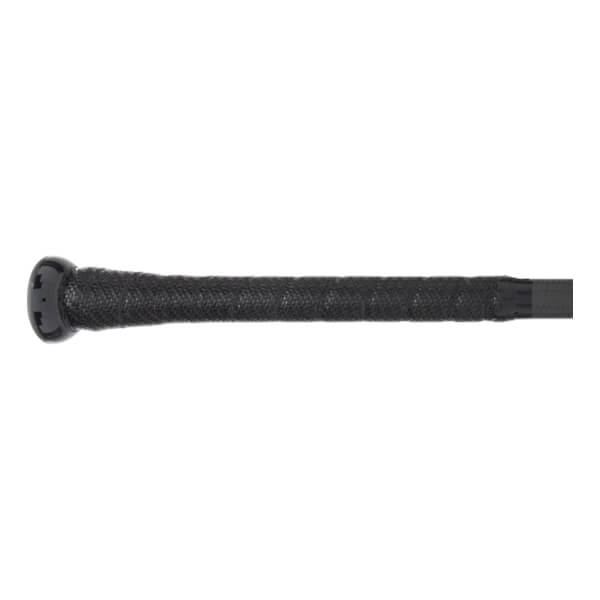 Side view of a black baseball bat with a textured grip and black end cap.