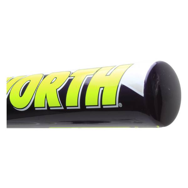 Side view of a black softball bat with yellow WORTH lettering and a white accent.