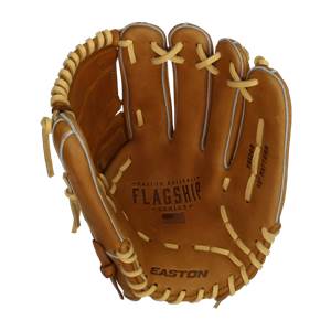 Top-down view of a brown baseball glove with EASTON BASEBALL FLAGSHIP SERIES and FS1200 12 PATTERN text.