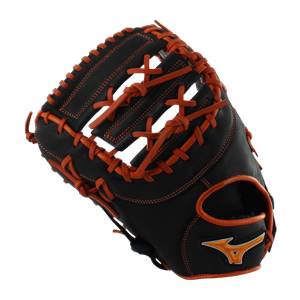 Top-down view of a black and orange first base mitt with orange lacing and a Mizuno logo.