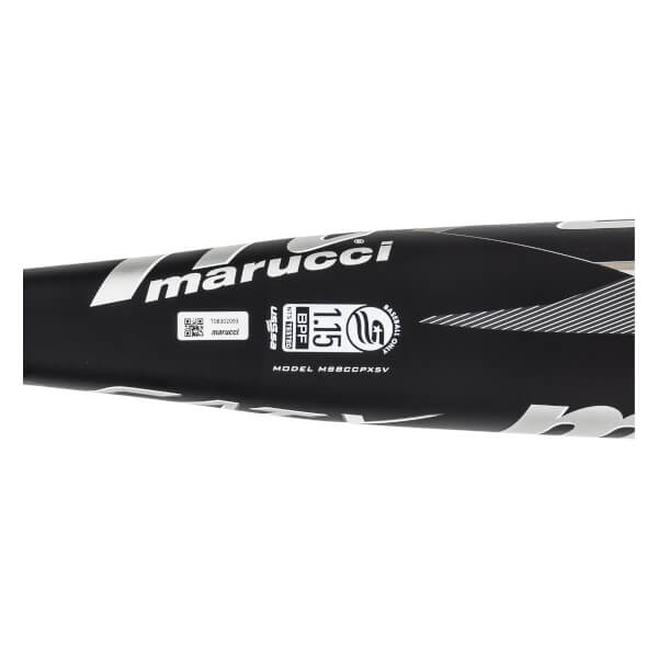 Side view of a black Marucci baseball bat with marucci logo, BPF 1.15, and USSSA stamp.