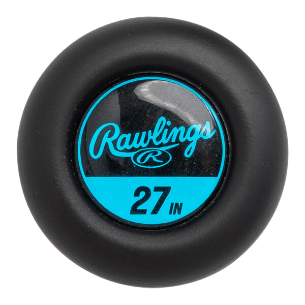 Top-down view of a black baseball bat end cap with blue Rawlings logo and 27 IN text.