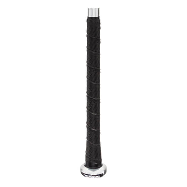 Close-up of a black baseball bat grip with a silver end cap and Mizuno logo.