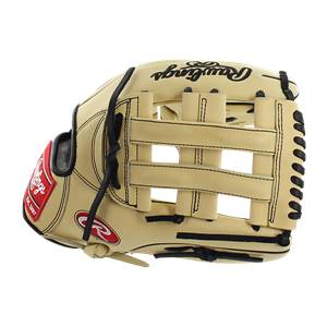 Side view of a tan baseball glove with black lacing and a red Rawlings logo.