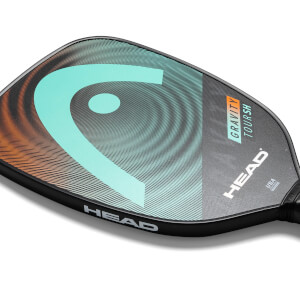 Corner view of a black pickleball paddle with a large teal HEAD logo and GRAVITY TOUR SH text.