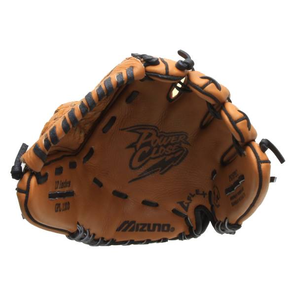 Top-down view of a brown baseball glove with Power Close and Mizuno branding.