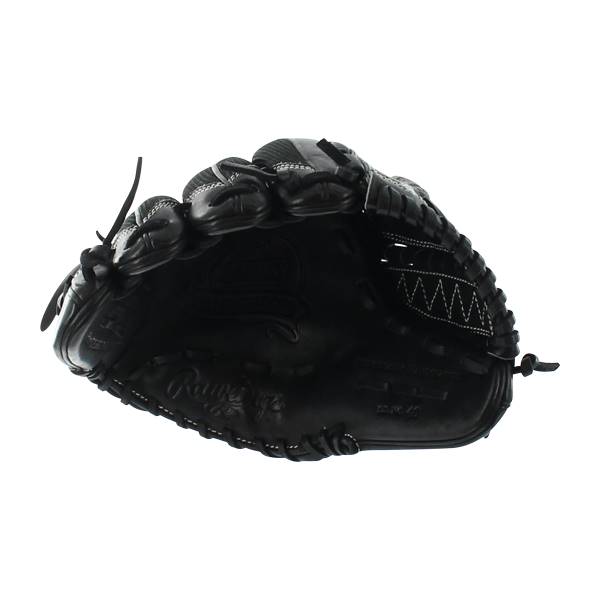 Side view of a black baseball glove with Rawlings branding and white stitching.