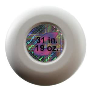 Top-down view of a white baseball bat end cap with 31 in. 19 oz. and holographic BY PLAYERS FOR PLAYERS text.