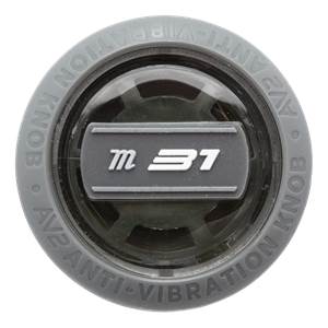 Top-down view of a gray baseball bat knob with m31 logo and AV2 ANTI-VIBRATION KNOB text.