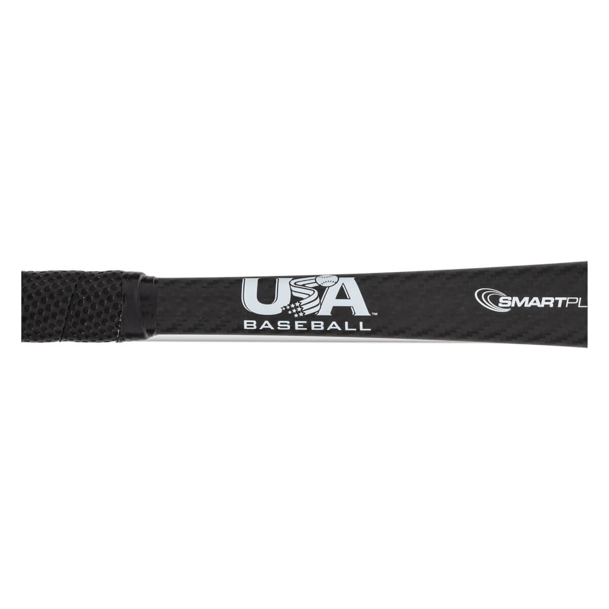 Close-up of a black baseball bat with USA BASEBALL and SMARTPL logos.