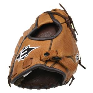 Top-down view of a tan baseball glove with a white E logo and adjustable strap.