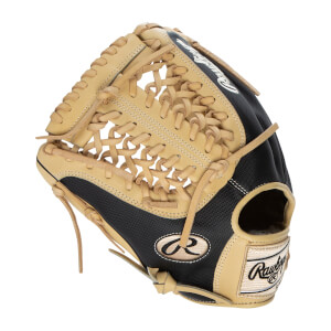 Side view of a tan and black baseball glove with tan lacing and a Rawlings logo.