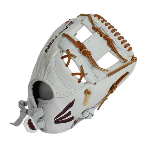 Side view of a white fastpitch softball glove with brown lacing and Easton branding.