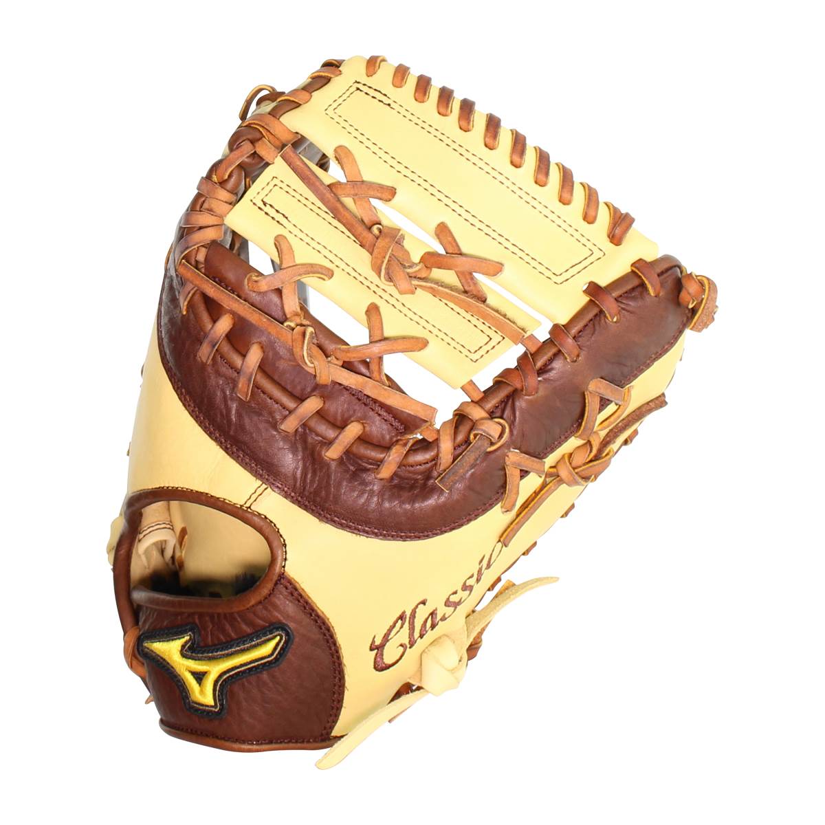 Top-down view of a tan and brown baseball glove with Classic script and Mizuno logo.