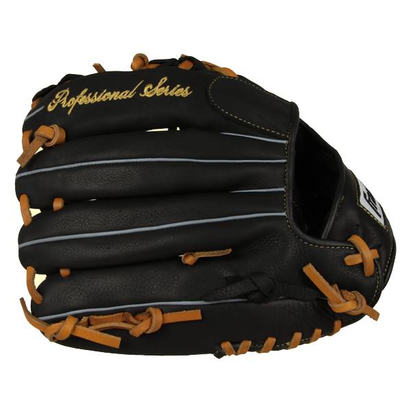 Top-down view of a black baseball glove with Professional Series in gold script and tan lacing.