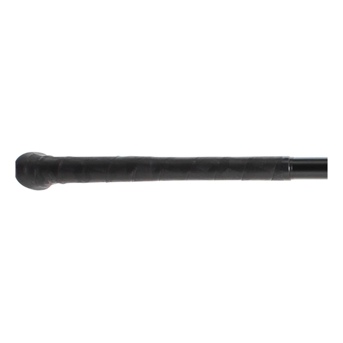 Side view of a black baseball bat with a textured grip.