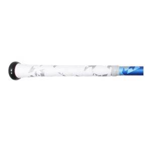 Side view of a blue baseball bat with a white grip featuring a silver geometric pattern and a blue patterned barrel.