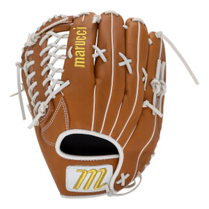 Back view of a tan leather baseball glove featuring white laces, gold 'marucci' script, and a gold 'M' logo on the wrist patch.