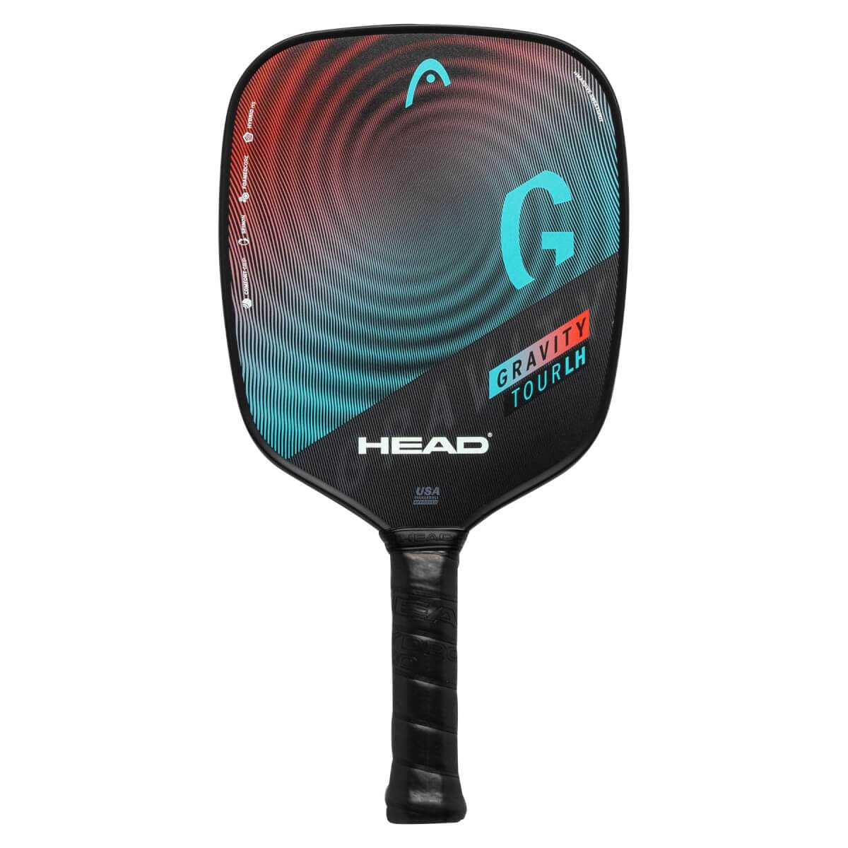 Front view of a black pickleball paddle with a red and blue swirl design, a large teal G, and HEAD GRAVITY TOURLH text.