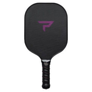 Front view of a black pickleball paddle with a purple P logo and a textured grip.