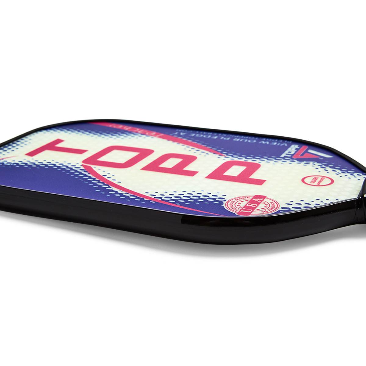 Side view of a white pickleball paddle with pink TOPP text and a blue dotted pattern.