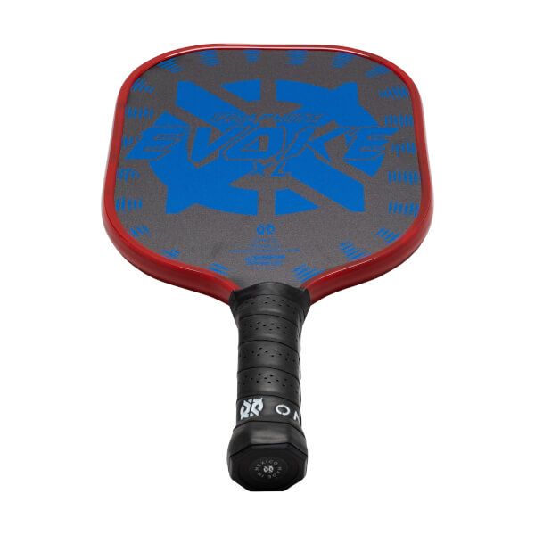 Top-down view of a red pickleball paddle with a gray face, blue EVOKE graphic, and black grip.