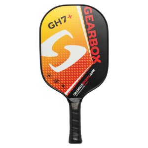 Front view of a black pickleball paddle with a yellow-orange gradient, white S logo, and GH7+ GEARBOX text.