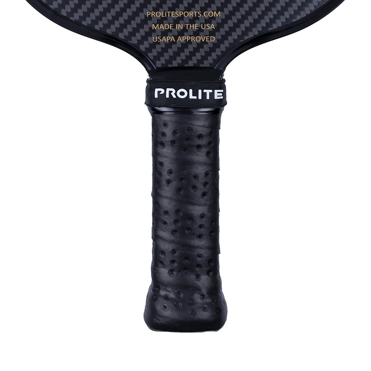 Top-down view of a black pickleball paddle with a carbon fiber surface, PROLITE branding, and a perforated grip.