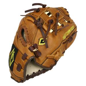 Front view of a tan baseball glove with FIELD COMMANDER text and a black patch with yellow lettering.