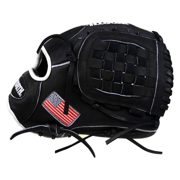 Side view of a black baseball glove with an American flag patch and woven webbing.