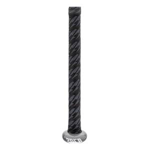 Close-up of a black baseball bat grip with a lightning bolt pattern and silver end cap with 2020 text.