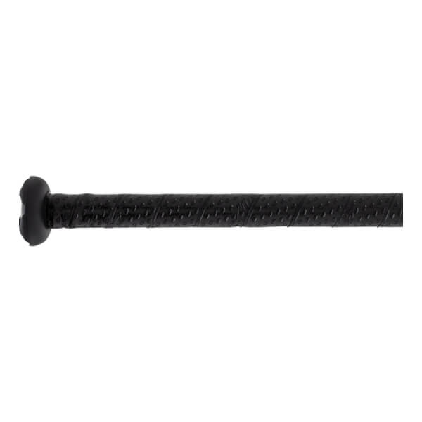 Close-up of a black bat handle with a textured, perforated grip and a black knob.