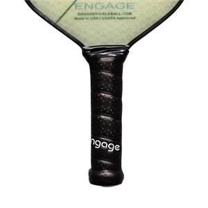 Close-up of a black pickleball paddle grip with Engage branding and textured surface.
