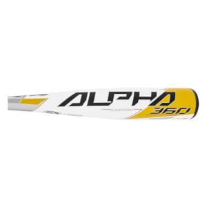 Side view of a white baseball bat with black ALPHA and yellow 360 text.