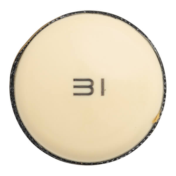End view of a cream baseball bat end cap with black trim and 31 printed on it.