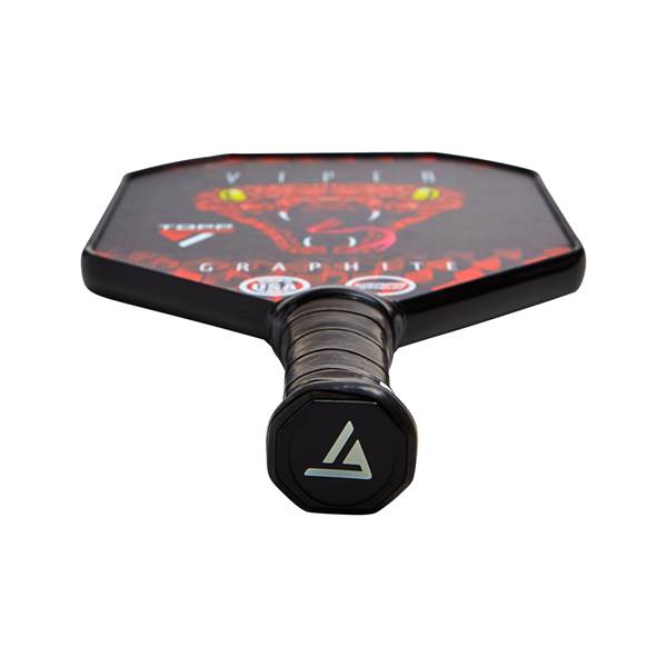 Top-down view of a black pickleball paddle with a red viper graphic and GRAPHITE text.