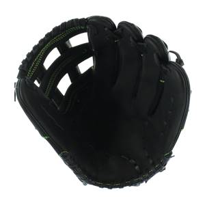 Interior view of a black Easton Synergy fastpitch softball glove with neon green stitching and a webbed pocket.