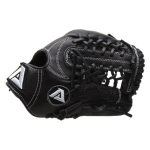 Side view of a black baseball glove with white stitching and two A logos.