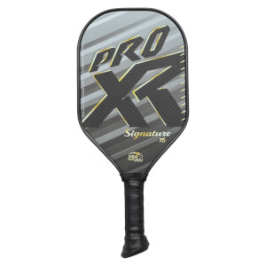 Front view of a black pickleball paddle with PRO XT Signature 16 text and USA Pickleball logo.