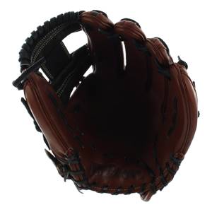 Top-down view of a brown baseball glove with black lacing and Wilson embossed on the palm.