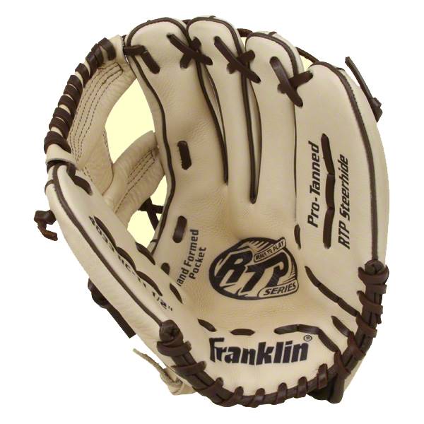 Front view of a cream baseball glove with dark brown lacing, Franklin logo, and Pro-Tanned RTP Steerhide text.