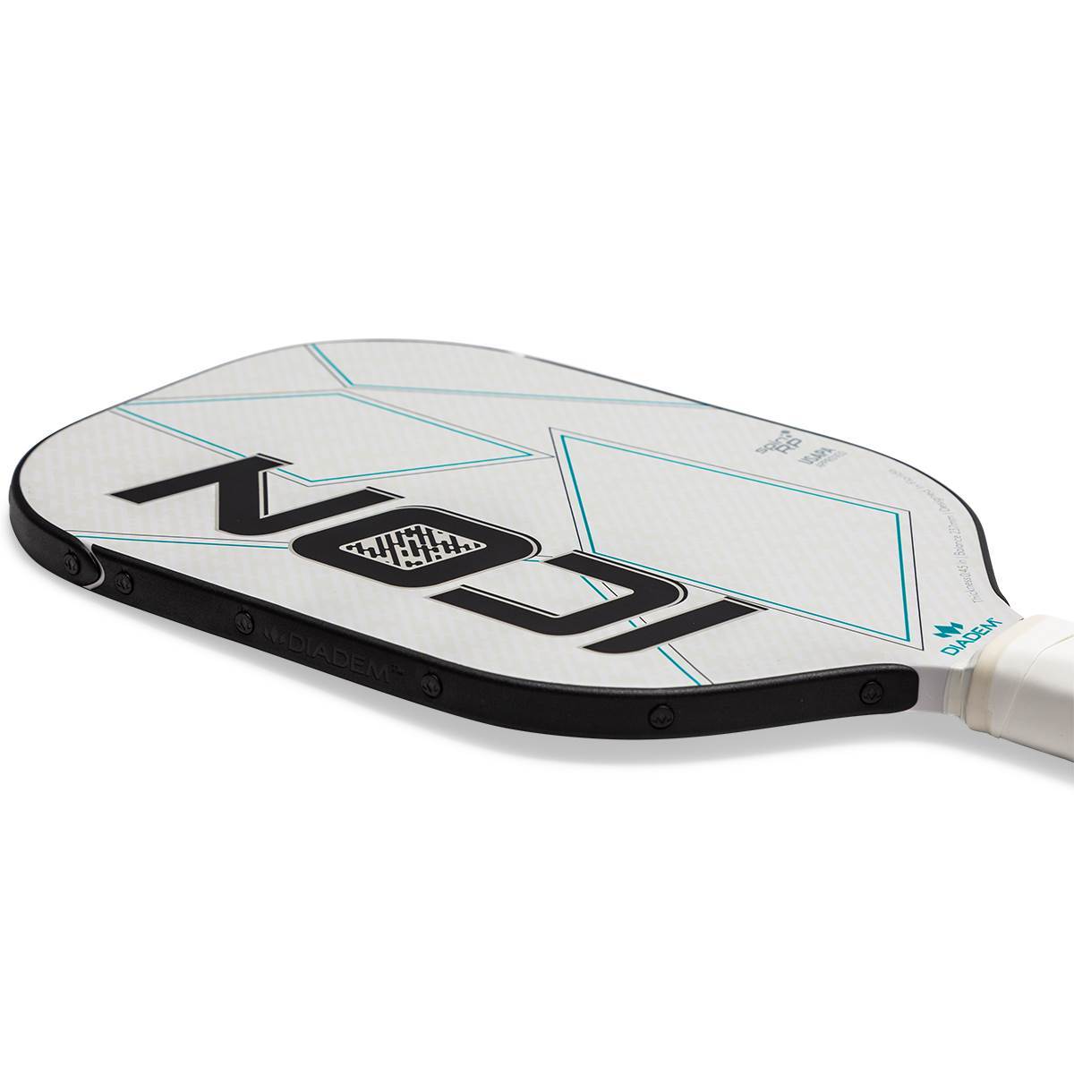 Side view of a white pickleball paddle with black ICON text and teal geometric lines.