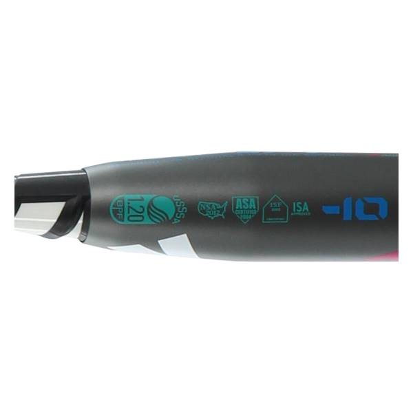 Close-up of a black fastpitch softball bat with USSSA, ASA, and ISA certifications and a -10 drop.
