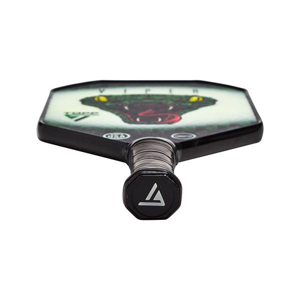 Top-down view of a black pickleball paddle with a viper graphic and ORA text.