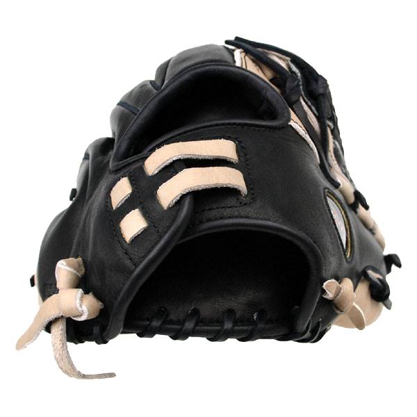 Front view of a black fastpitch glove with tan lacing and decorative tan straps.